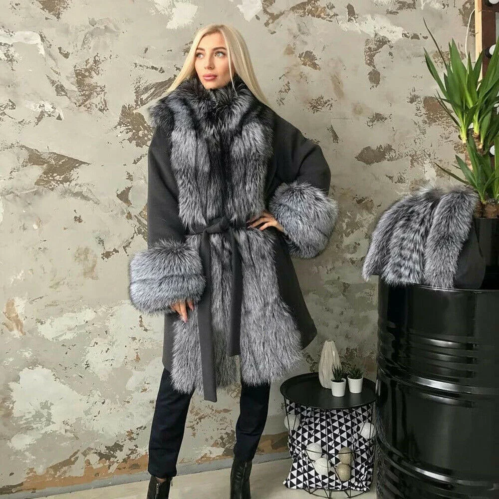 Women Fashion Wool Blends Coat with Silver Fox Fur Long Collar Natural Full Pelt Genuine Fox Fur Cashmere Long Coats Outwear