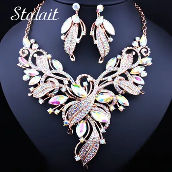 

6 Color Luxury Flower Horse Eye Crystal Necklace Earrings Geometric Alloy Gold Link Chain Jewelry Set Costume For Women
