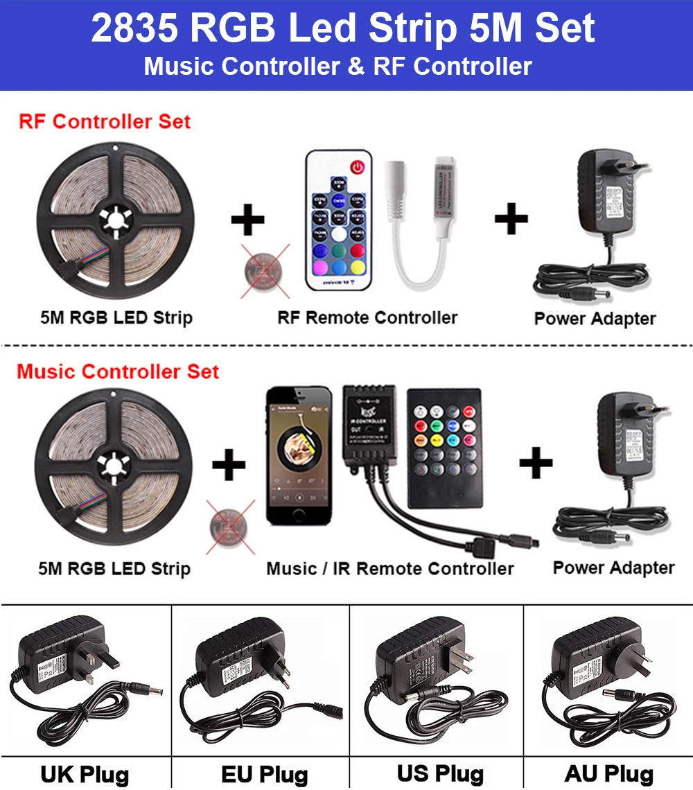 2835 RGB Светодиодная лента DC 12 В водонепроницаемый 5 м 60 светодиодный s/M Tira Светодиодная лента Световой диод лента+ Музыка/RF пульт дистанционного управления+ адаптер питания
