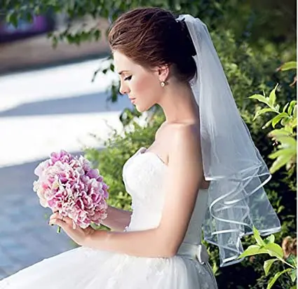 

White Double Ribbon Edge Center Cascade Bridal Wedding Veil with Comb