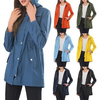 

Casual Solid Color Women Autumn Winter Long Sleeve Hooded Rain Jacket Wind Coat Windproof Waterproof Long Style Rain Jacket