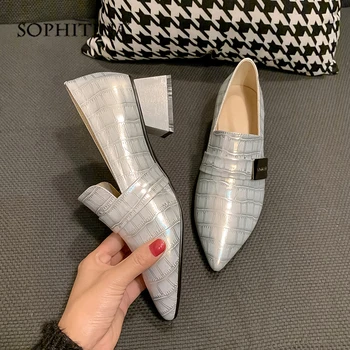 

SOPHITINA Fashion Women Pumps Slip-On Metal Belt Decoration Crack Pattern High Quality Cow Leather Shoes Square Heel Pumps MO449