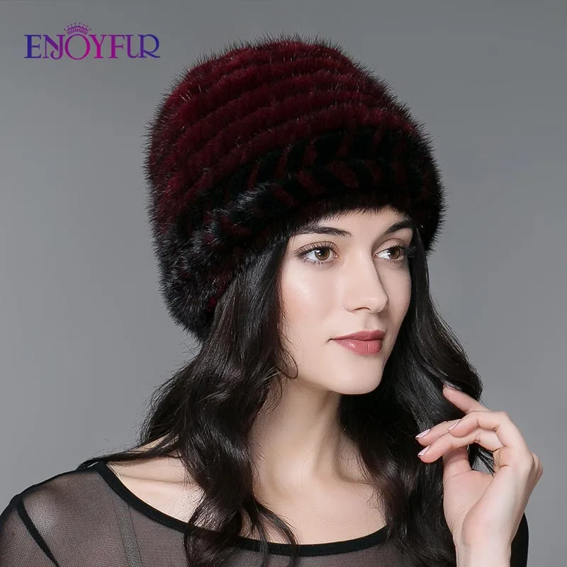 Зима реального меховая шапка вязаная для женщин с подлинной норки полосы простой caps fashional хорошее качество наружные шляпы