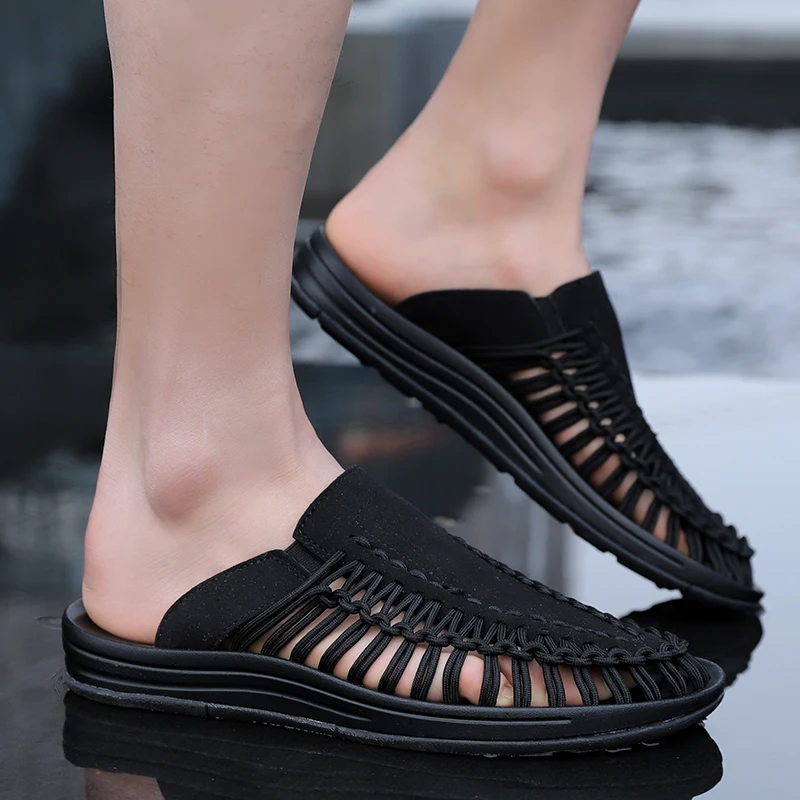 Summer Hand Woven Outdoor Sandal One Slipper Dual-purpose Anti-Slippery Beach Shoes Sandalia Hombre Youth Trend with Hole