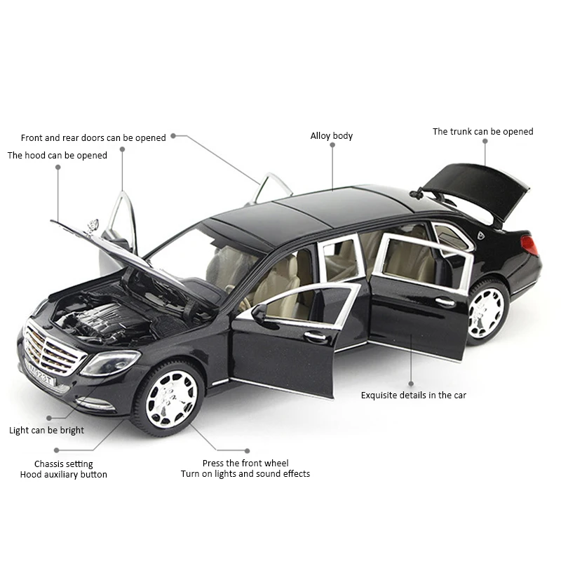 1:24 S600 Limousine Diecasts& Toy Vehicles металлический сплав 6 модель автомобиля с открытой дверью с огнями и звуками игрушки для детей Подарки