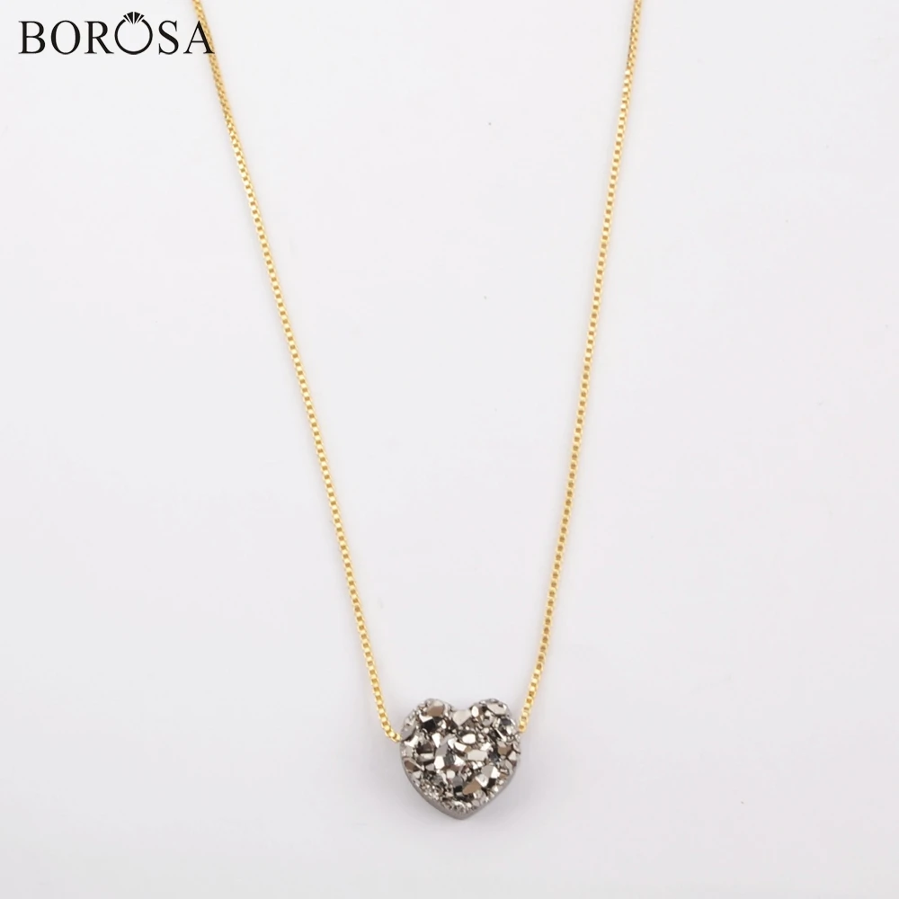 BOROSA, 5 шт., модное, Радужное, в форме сердца, титана, натуральный Druzy, подвеска, 16,5~ 17 дюймов, цепочка, регулируемое ожерелье для женщин G1889