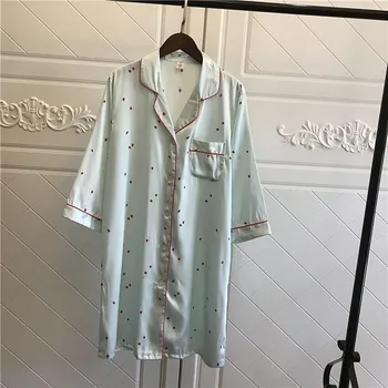 

Summer Ladies Mid-Length Nightdress Imitation Silk Shirt Women Ice Cream Nightgown Thin Pajamas Loose Casual Bathrobe Халат