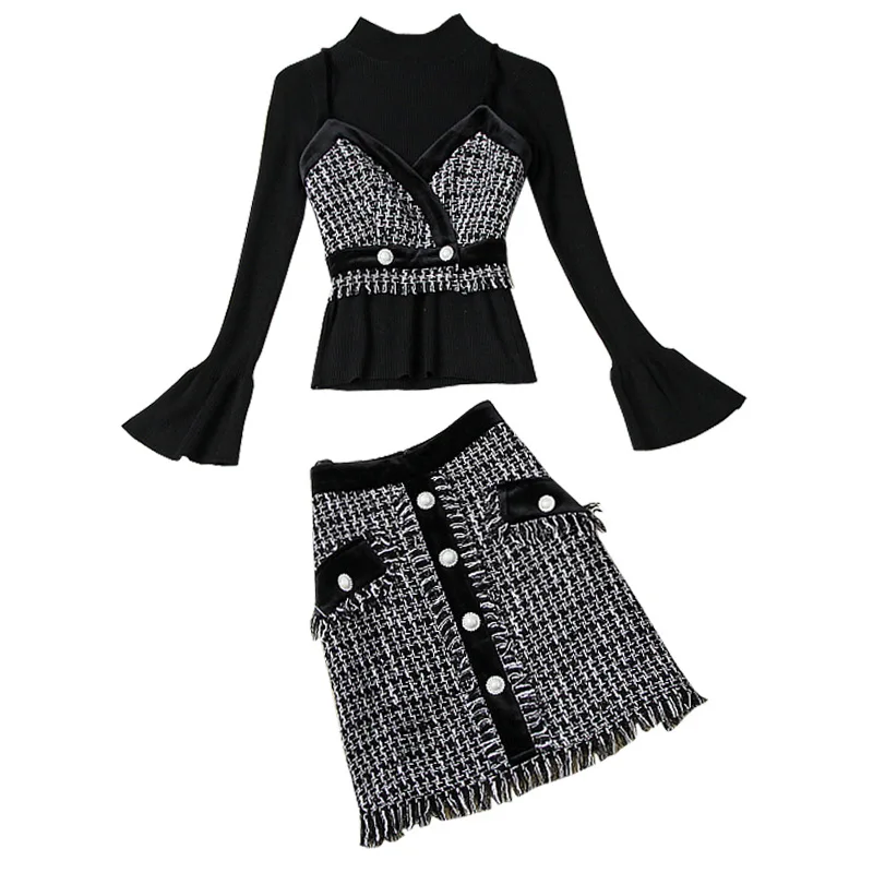 

Autumn spring women suit set trumpet sleeves slim strench sweater + tweed sling + fringed skirt fashion three sets ac40