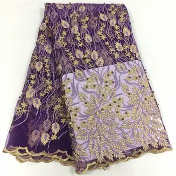 

Big sales promotion purple vines and golden leaves pattern Net Lace Fabric dress fabric with beads French Tulle Lace Fabric