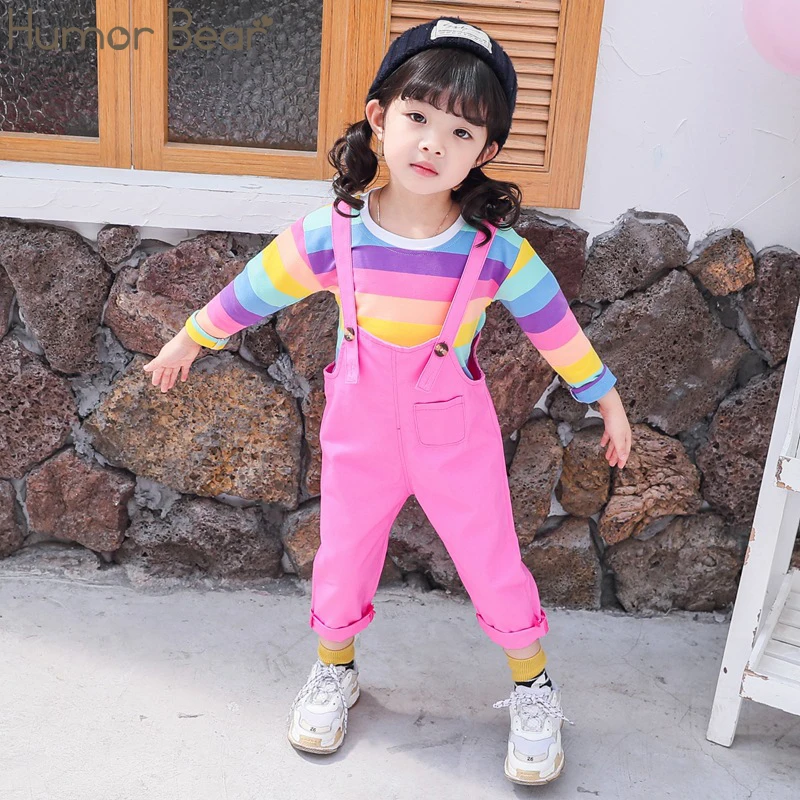 Humor Bear/ г., осенний костюм для детей корейский красочный костюм с короткими рукавами с крыльями+ штаны на бретелях одежда для маленьких девочек - Цвет: long-pink