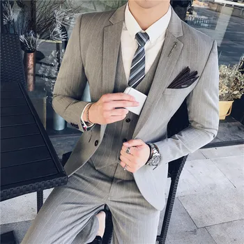 

Popular price cut men's suit three piece suit Korean high quality slim stripe casual male barber suit