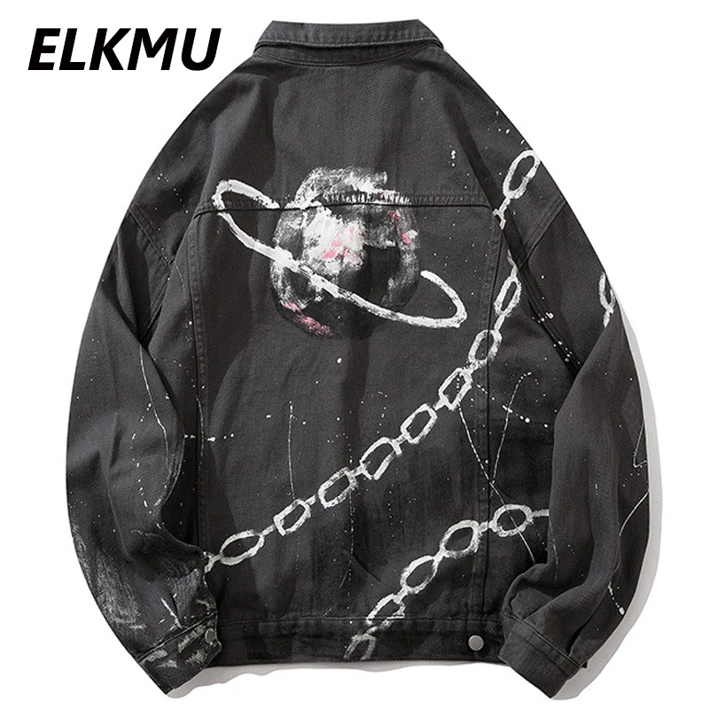 Джинсовая куртка ELKMU HE219 мужская с принтом планеты и цепей винтажная уличная