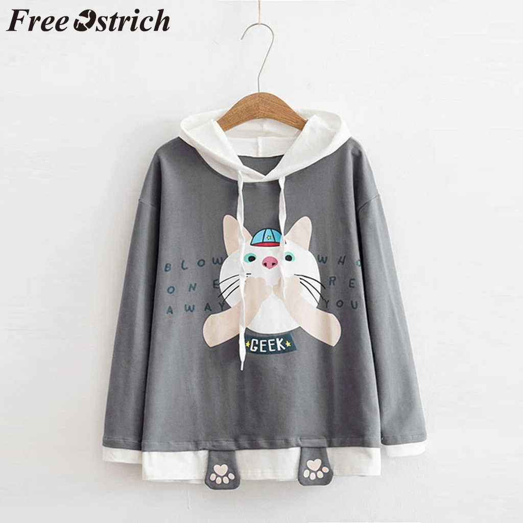 

FREE OSTRICH Sweater Women Cat Cartoon Print Hooded Padded Long Sleeve Popular Autumn And Winter Sweaters Women Invierno 2019