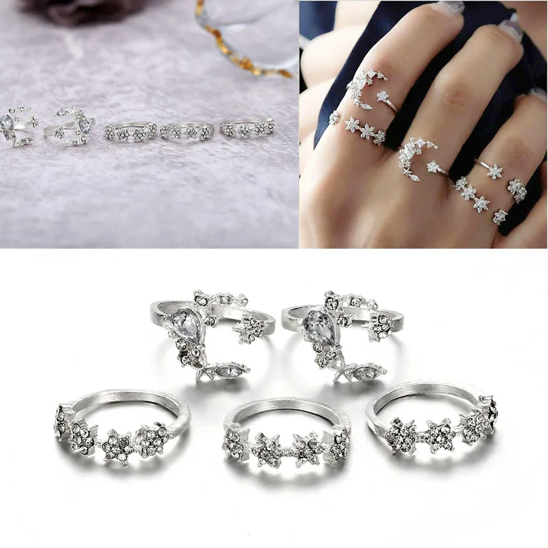 

5 Pcs Fashion Vintage Knuckle Rings For Women Boho Geometric Star Moon Crystal Ring Set Bohemian Finger Ring Jewelry Accessories