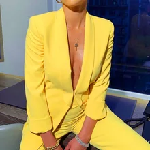 Зимний костюм, женский Блейзер, набор, новинка, желтый, на одной пуговице, с отворотом, повседневный Блейзер и штаны с высокой талией, Женский комплект из 2 предметов, брюки