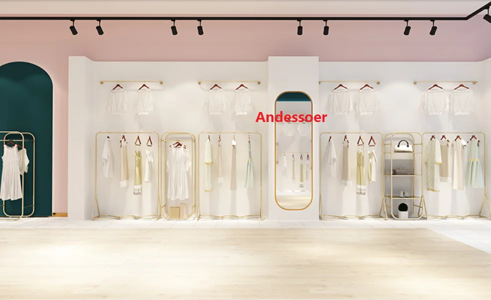 

Clothing store display shelf floor type light luxury display shelf gold clothing shelf