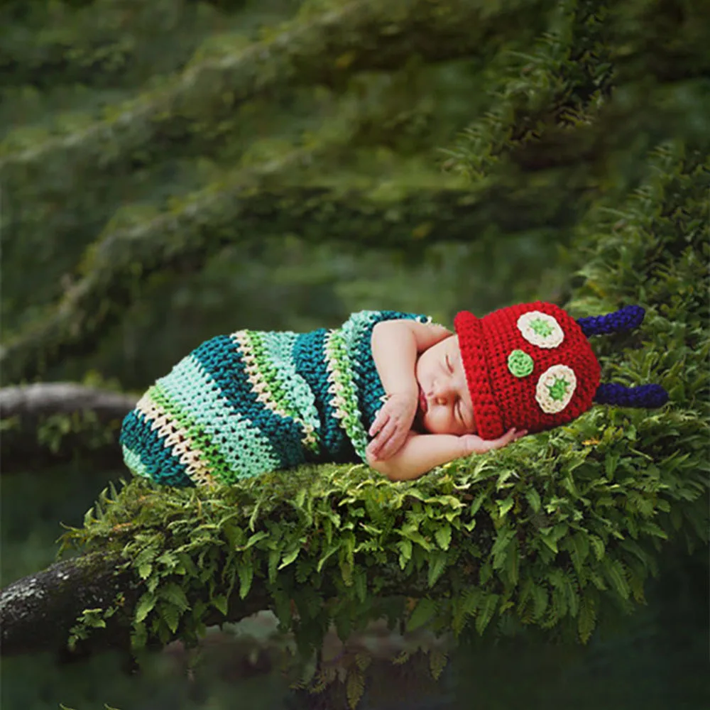 

Knitted Woolen Caterpillar Sleeping Bag Baby Photo Costume Hundred Days Photography Suit Handmade Knitted Hat Props
