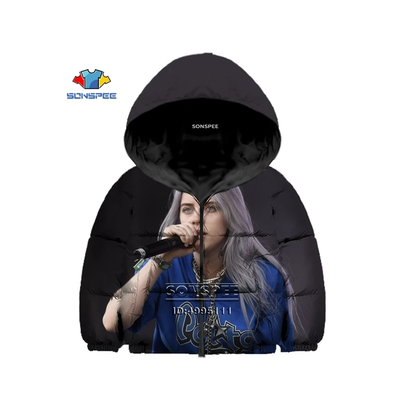 Billie Eilish/Американский юный певец, детский зимний пуховик с 3D принтом хлопковая куртка с капюшоном, теплое пальто тонкое хлопковое пальто для мальчиков и девочек