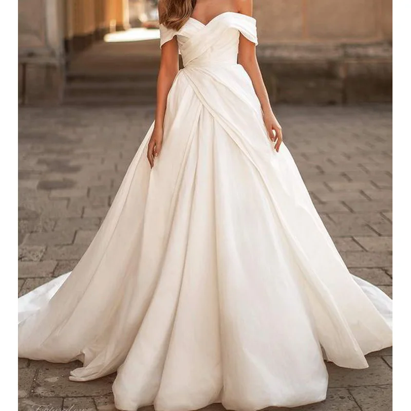 

Satin Off the Shoulder Wedding Dress Lace up Back Bridal Gowns Sweep Train