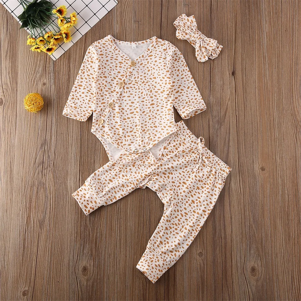 Newborn Baby Girl Boy Tops Romper Long Pants Headband Outfits Clothes 3Pcs Set