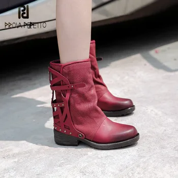 

Prova Perfetto Mature Genuine Leather Women's Motorcycle Boot Rivet Fashion Mixed Colors Square Toe Crude Heel Casual Shoes 2020