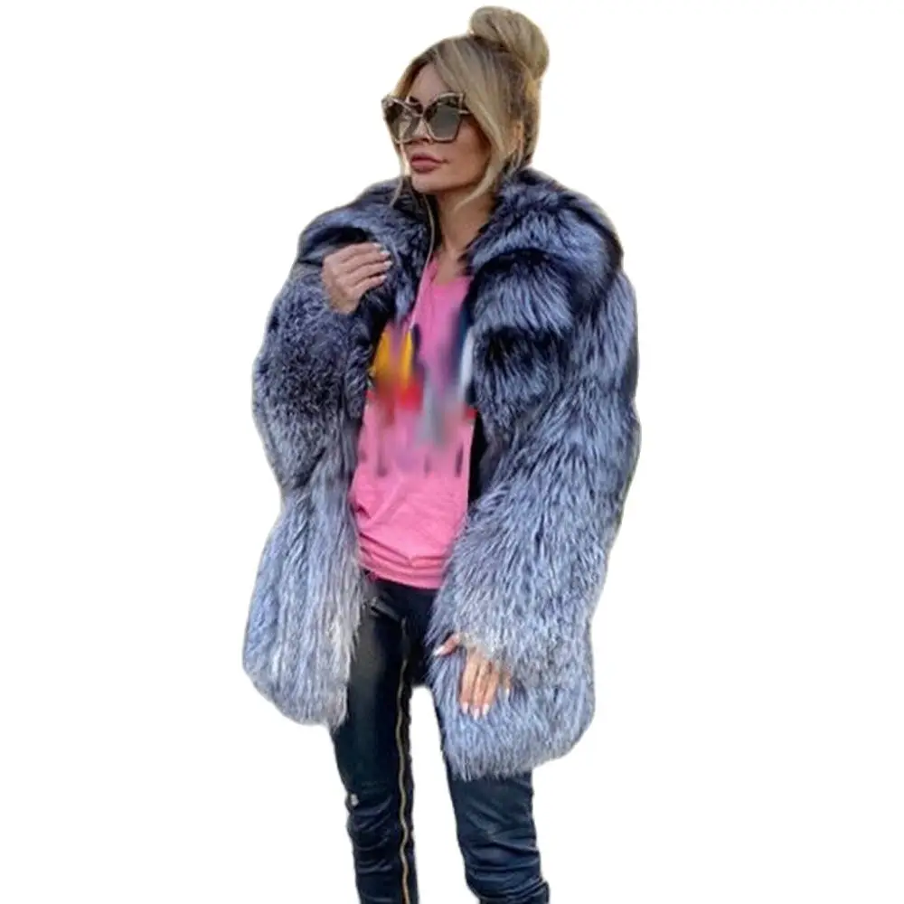 Medium Length Real Silver Fox Fur Jacket with Turn-down Collar Winter New Fashion High Quality Full Pelt Fox Fur Coats Female