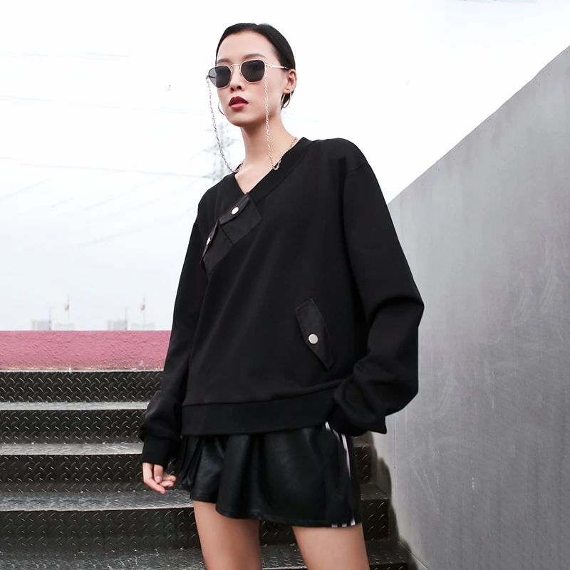 TVVOVVINLoose Fit Black split с флисовой толстовкой, новинка, v-образный вырез, длинный рукав, женская мода, большой размер, Осень-зима 1663