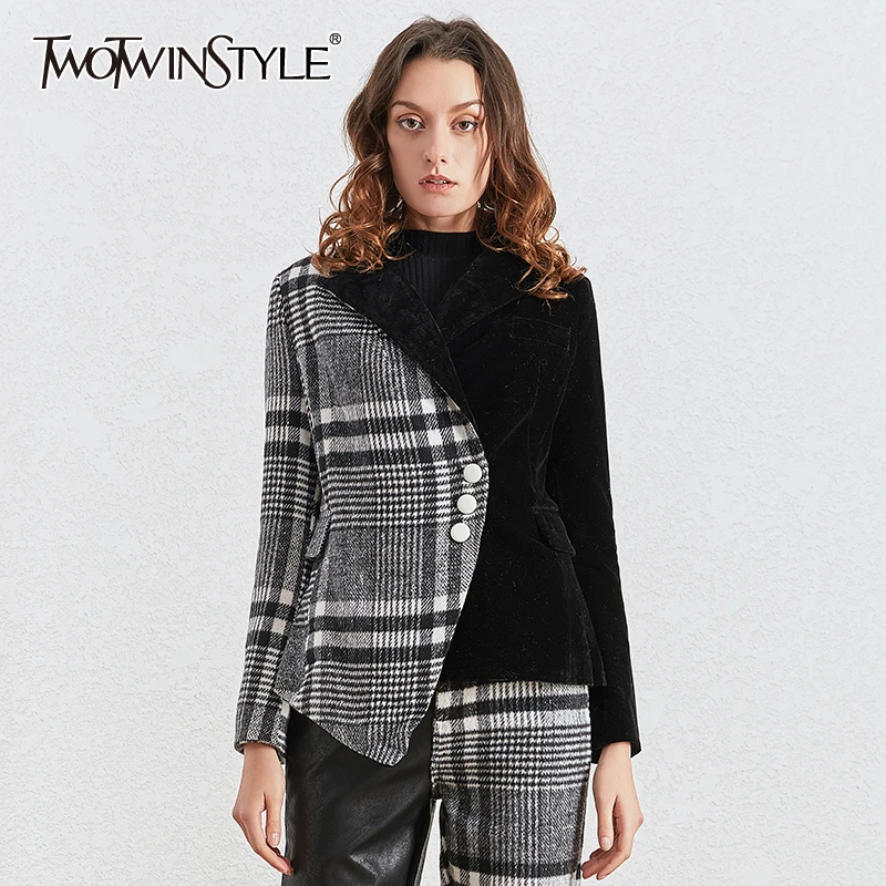 

TWOTWINSTYLE Velour Patchwork Wool Plaid Blazers For Female Notched Long Sleeve Asymmetrical Women's Suits Fashion Clothing Tide