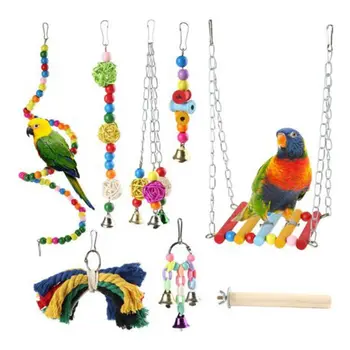 

8 Pcs/Set Bird Parrots Toys Wooden Hanging Swing Chew Bell Hammock Cage Parakeet Cockatiels Perches Pet Supply