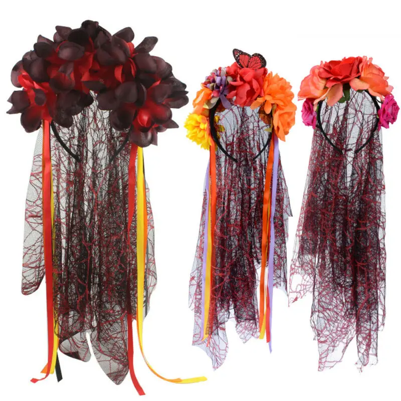 

LADIES ROSE HEADBAND WITH BLACK VEIL DAY OF THE DEAD BRIDE FANCY DRESS COSTUME