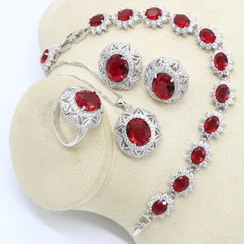 

Silver Color Color Jewelry Set for Women Geometric Red Zircon Bracelet Earrings Necklace Pendant Ring Gift Box