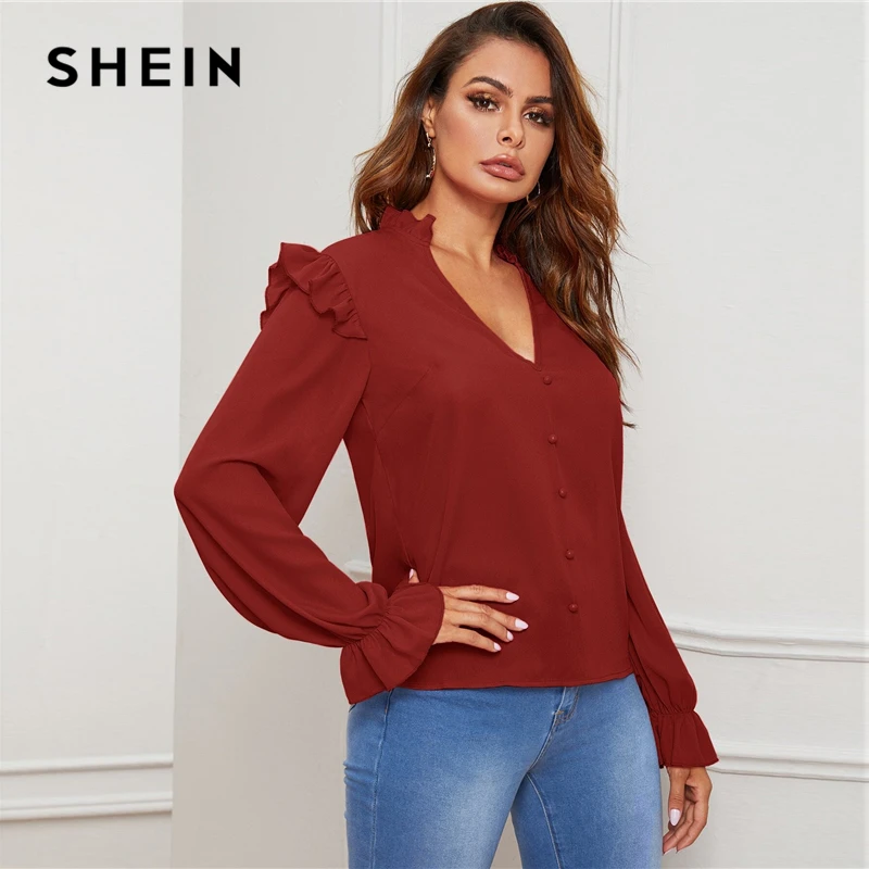 SHEIN Red Ruffle Trim Buttoned Front V Neck Blouse Top Women Spring Autumn Sheer Blouses Flounce Long Sleeve Solid Elegant Tops