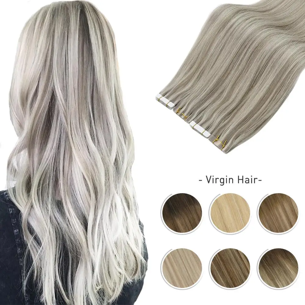 Hair-Extensions Human-Hair Virgin-Tape Skin-Weft-Thick Balayage Brazilian Real PU Seamless-Glue