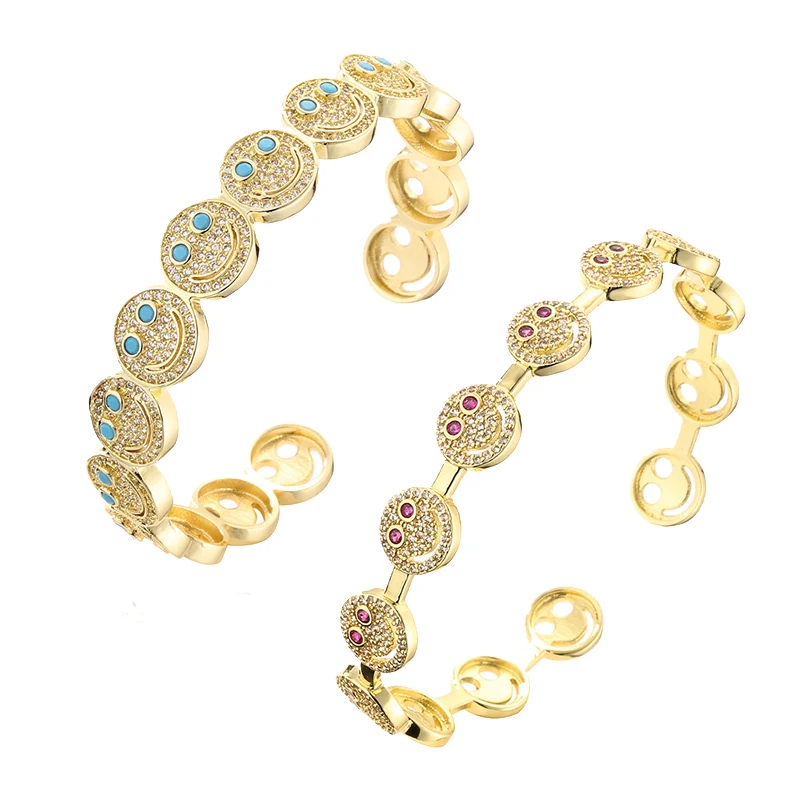 smiley bangles pulseiras com zircônia brilhante alta qualidade placa de ouro sorriso rosto pulseira para mulheres amizade jóias presentes