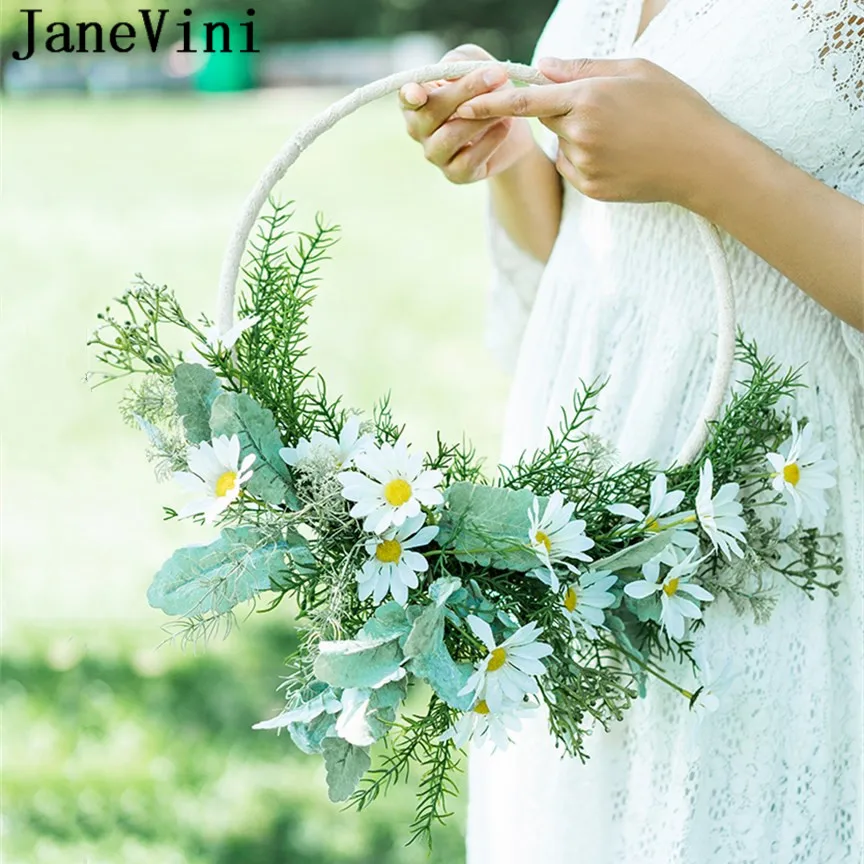 JaneVini 2020 Handmade Portable Garland Artificial White Daisy Round Bridal Wreath Silk Flower Wedding Bouquet Basket Knocker