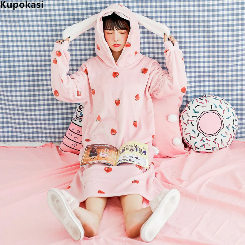 

Kupokasi Rabbit Ears Nightdress Winter Sleepwear Warm Thicken Flannel Nightgown Sweet Pink Cute Woman Cartoon Animal Homewear