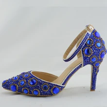 BaoYaFang/свадебные туфли; цвет королевский синий; вечерние туфли с кристаллами для невесты; женская обувь; туфли-лодочки на тонком каблуке с ремешком на щиколотке;