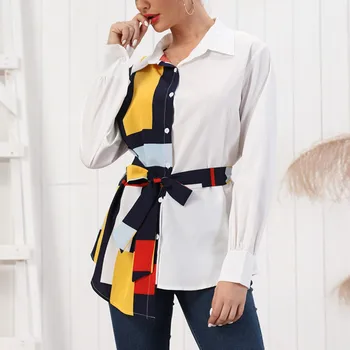

Elegant Office Women Blouses Color Block Shirt Long Sleeve Shirt Patchwork Casual Loose Blouse Button Shirt Chemise Femme#40
