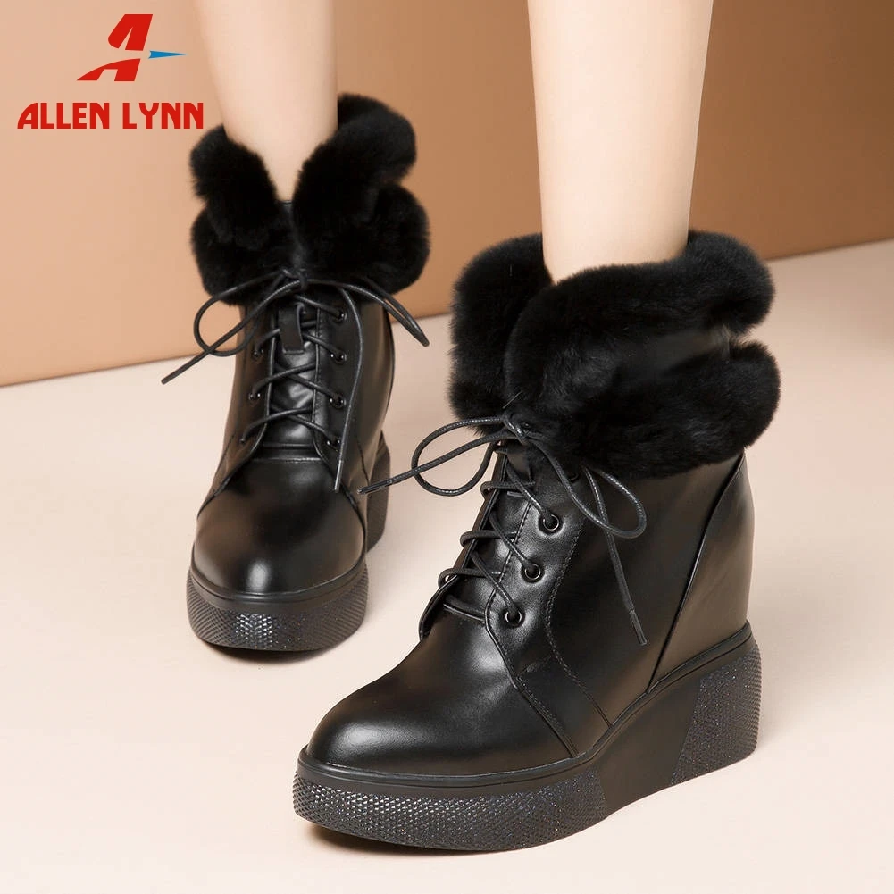 

ALLENLYNN Women Genuine Leather Snow Boots 2019 Fashion Warm Rabbit Hair Shoes Woman Winter Wedge Heels Platform Ankle Boots