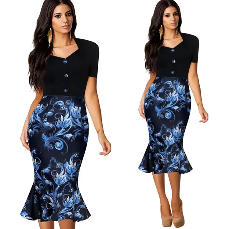 

Ozhouzhan 2019 Spring Europe And America Export WOMEN'S Dress Printed V-neck Short Sleeve Slim Fit Fishtail Skirt