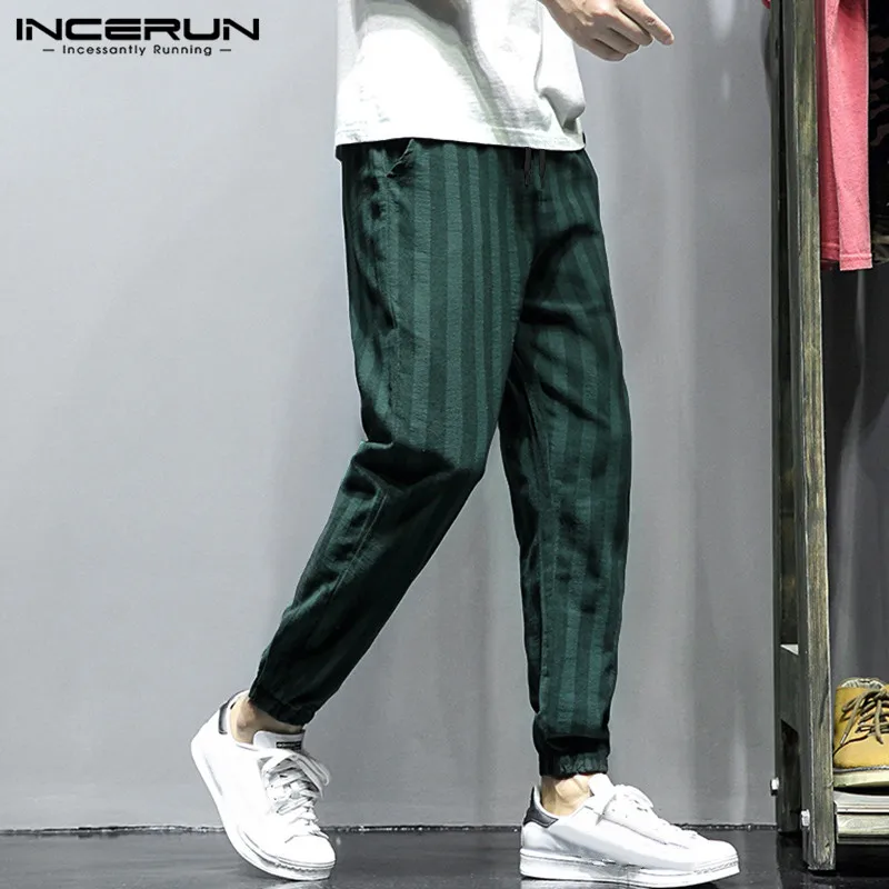 INCERUN Loose Men Pants Wide Legs Stripe Print Drawstring Baggy Harem Trousers Mens Hip-hop Joggers Elastic Waist Sweatpants