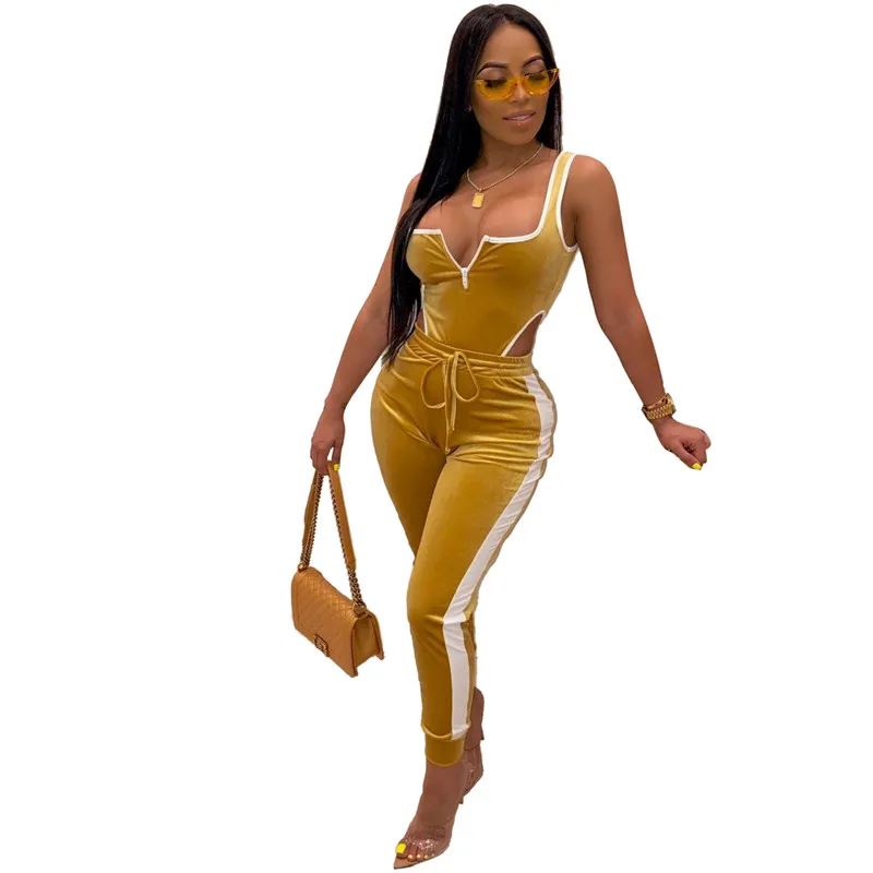 ANJAMANOR Sexy Two Piece Set Top and Pants Blue Velvet Tracksuit 2 Piece Women Fall Outfits Clubwear Matching Sets D30-AF01 - Цвет: Золотой