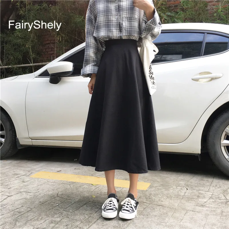 FairyShely Woolen Pleated Long Skirt Women Autumn Winter Elastic Band High Waist Warm Skirt Black Maxi Office Skirt