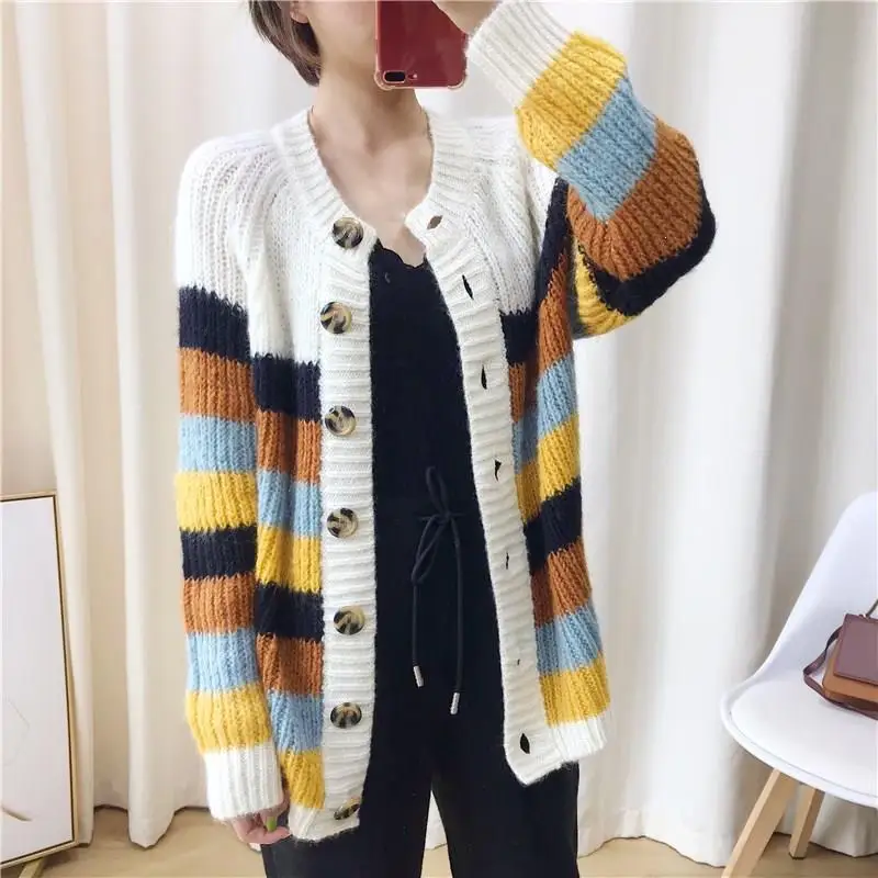 ^*Best Offers 2019 Autumn Winter Oversized Striped Cardigan Women Knitted Sweater Jacket Single Breasted Long Sleeve Cardigan
