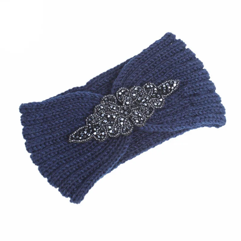 Роскошная женская зимняя вязаная повязка на голову, ювелирная повязка для головы, обертывание, вязаный тюрбан, головной убор - Цвет: Navy