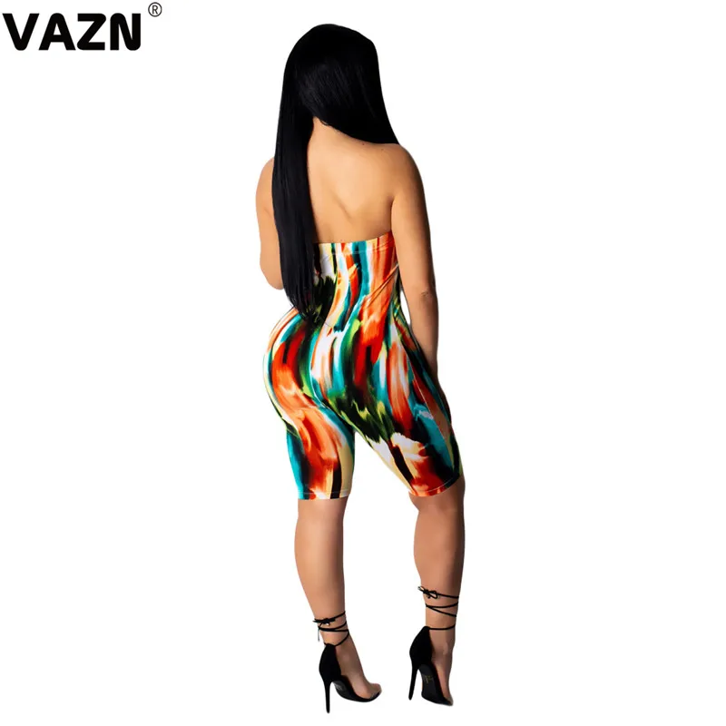 VAZN new design bandage strapless lady print high street women jumpsuit sleeveless short pant playsuits sexy club wind rompers