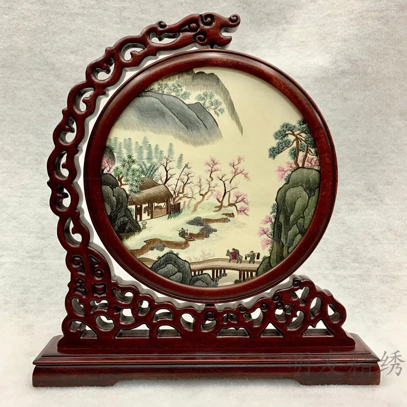 

Vintage Decor Home Living room Table Accessories Ornaments Chinese Silk Embroidery Painting with Padauk Frame Wedding Gifts