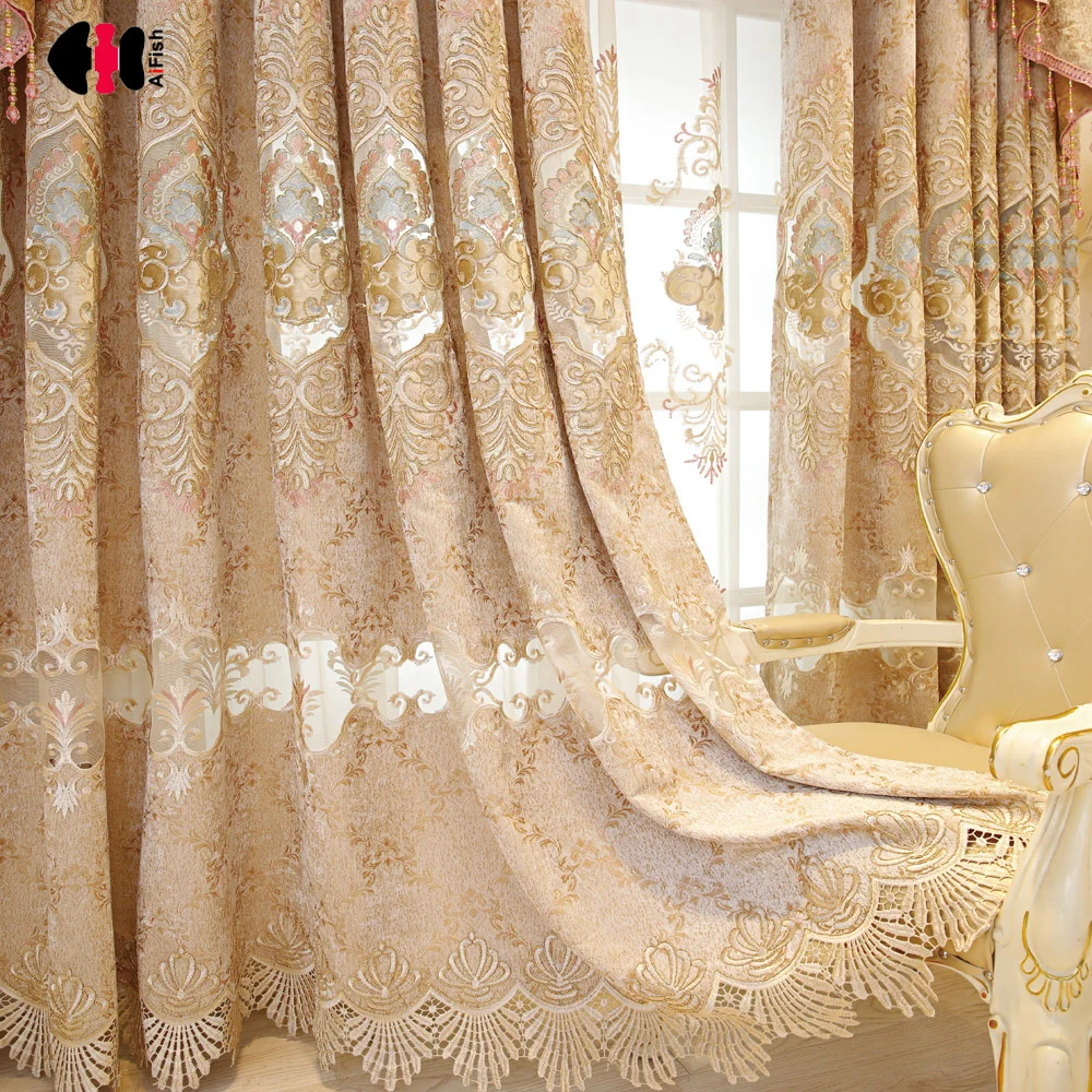 

Gold Embroidered Curtain Panel for Living Room Custom Luxury Royal Chenille Cloth Window Shading wp232c