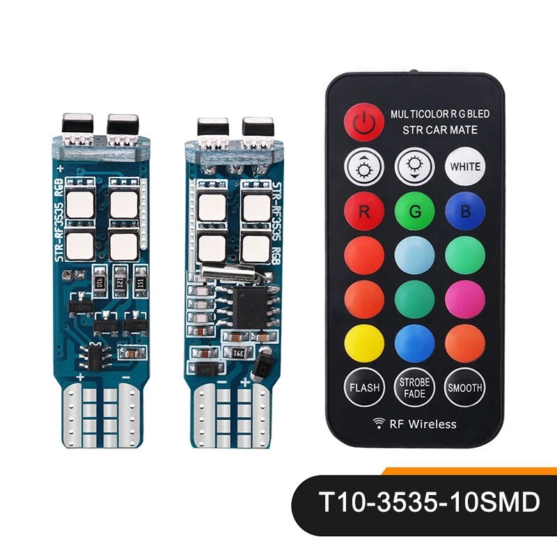 

2Pcs T10 W5W RGB 3535 10SMD Clearance Light with Remote Control Flash Strobe Smooth Mode 12V