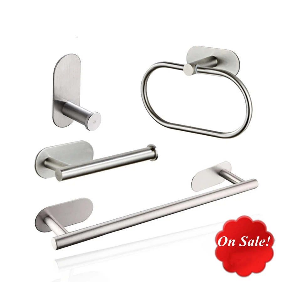 Stainless Steel Silver Bathroom Hardware Set Towel Rack Toilet Paper Holder Towel Bar Hook Bathroom Accessories Don't Drilling